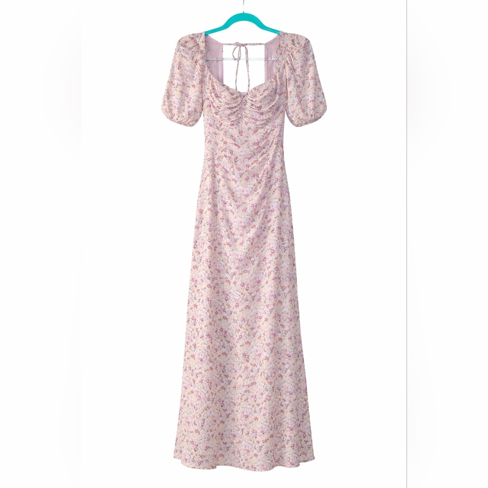 ASTR The Label Floral Midi Dress XS Puff Sleeve Ruched Cottagecore Slit